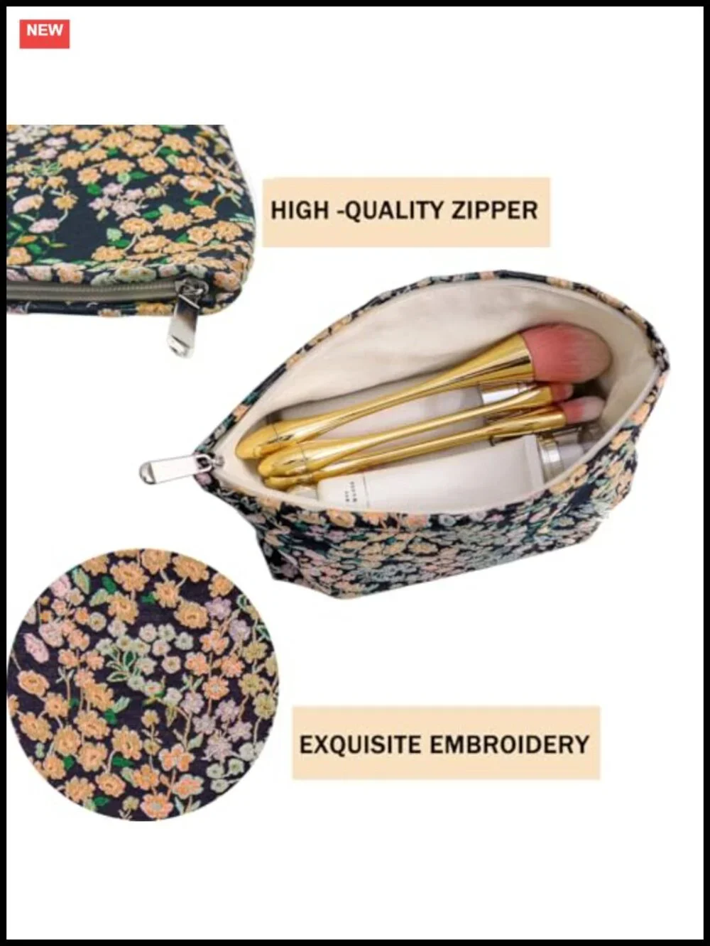 Set of 2 Floral Embroidered Makeup Bags, Large Cosmetic Pouch for Travel &